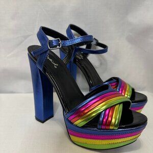 Blue and multi-coloured platform heels with a 4.5" heel - Size 6